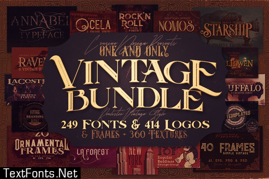 Vintage Bundle 249 Fonts & 414 Logos 3264710