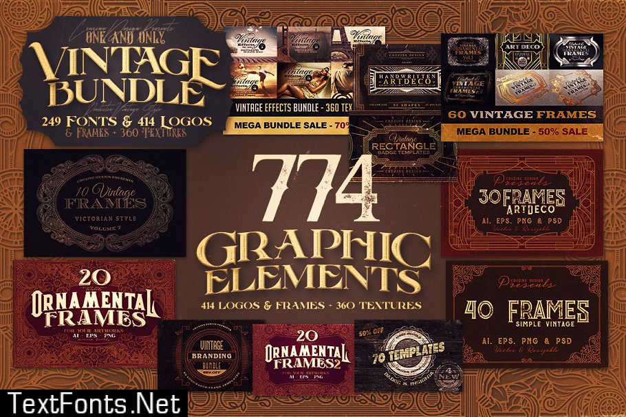 Vintage Bundle 249 Fonts & 414 Logos 3264710