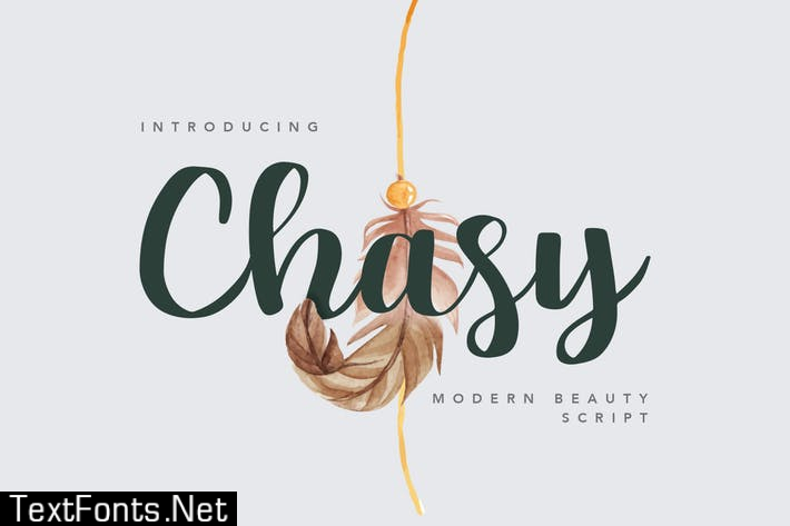 Chasy Beauty Script FontA stylish, modern and beautiful script font with an elegant feel. Chasy is perfect for display projects such as quoted text, product name, logo, presentation, coffee-theme, and product packaging. It's also perfect for fashion and beauty themed - or a stylish text overlay to any background image.  Main Features:  Uppercase & Lowercase letters Numbering and Punctuation OTF Format Easy to install Support for Mac and Windows OS