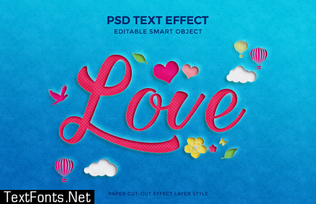 Beautiful love paper cut-out text effect mockup with multiple elements.