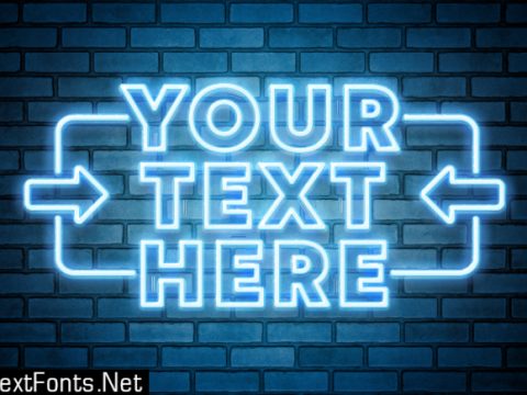 Blue neon text on brick wall mockup