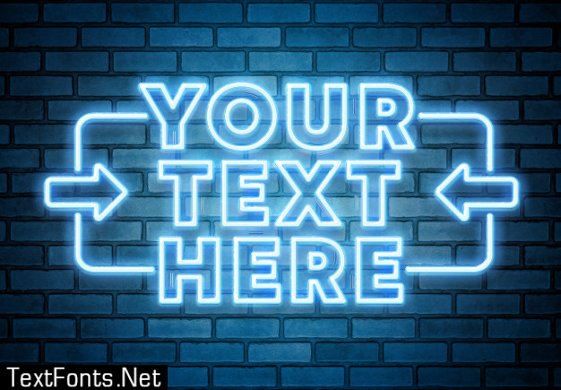 Blue Neon Text On Brick Wall Mockup