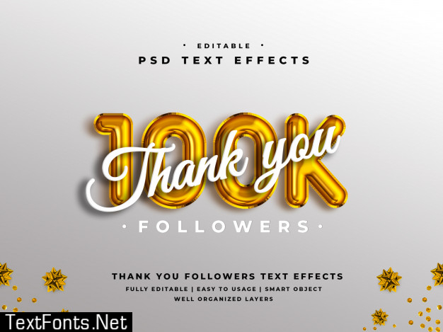 Editable 3d thank you 100k followers text style effect