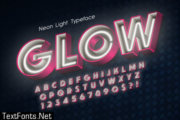 Neon light 3d alphabet, extra glowing font.