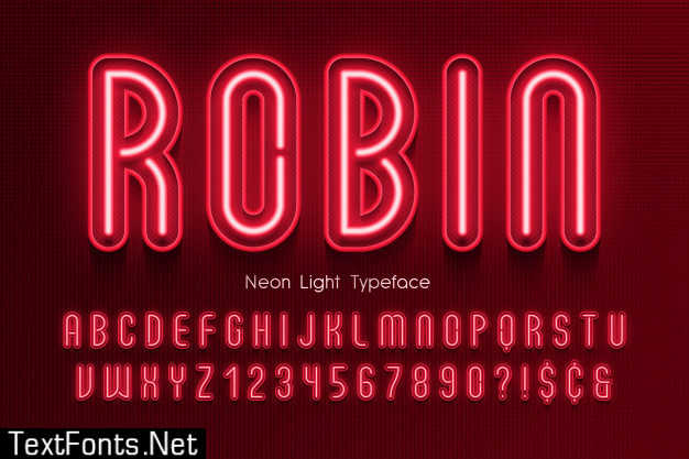 Neon light alphabet, extra glowing font.