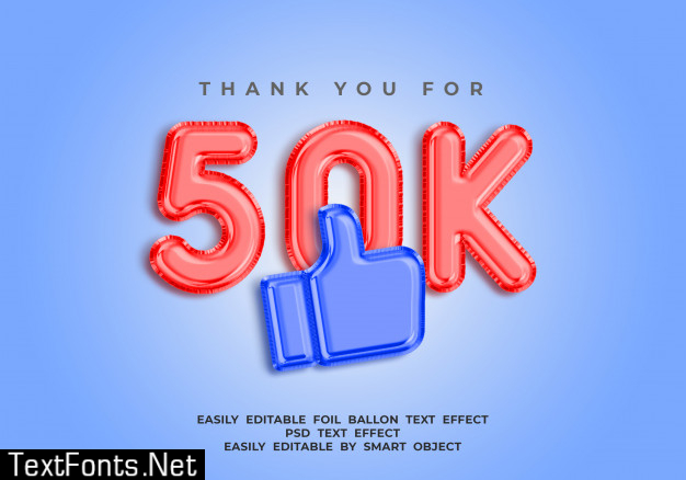 Thank you for 50k followers, 3d foil balloon text effect for social media