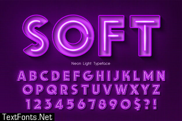 Neon light 3d alphabet, extra glowing font.