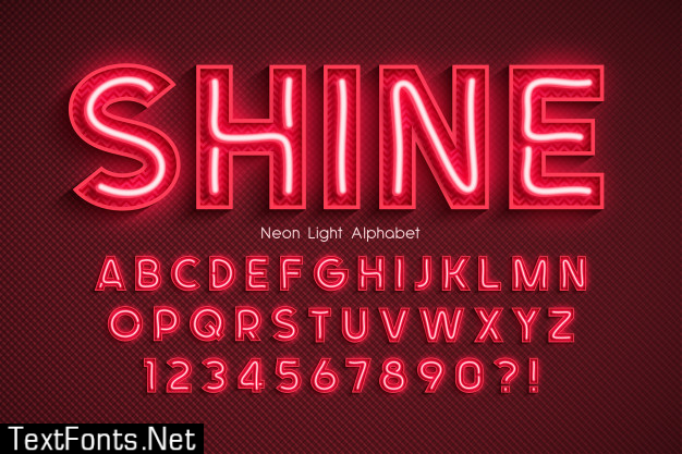 Neon light alphabet, extra glowing font.