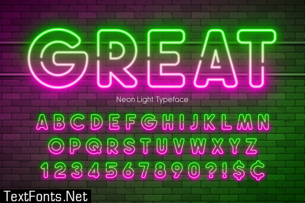 Neon light alphabet, multicolored extra glowing font.