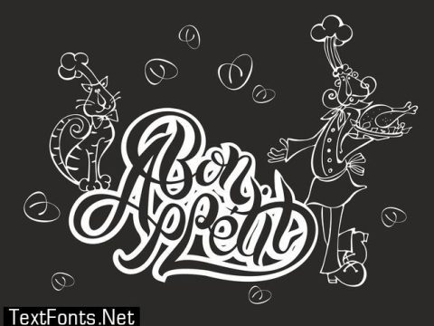 Bon appetit. Stylish lettering. Chef kitty. Cook. Funny cat and the chef invites you to eat out. The effect of chalk on the Board. Vector illustration.