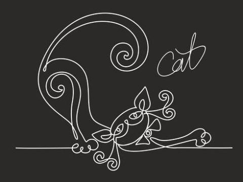 Cat. Continuous line drawing. Funny kitten. Lettering. Black background. The effect of the chalk Board. Vector.