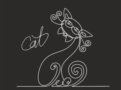 Cat. Continuous line drawing. Funny kitten. Lettering. Black background. The effect of the chalk Board. Vector.