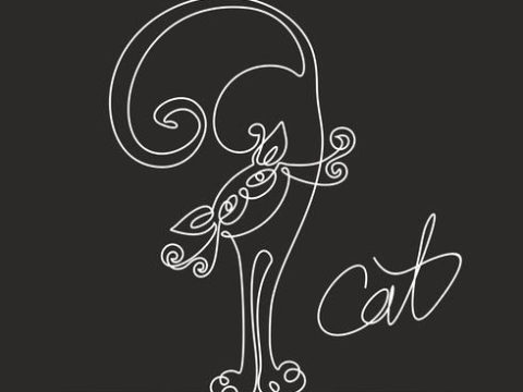 Cat. Continuous line drawing. Funny kitten. Lettering. Black background. The effect of the chalk Board. Vector.