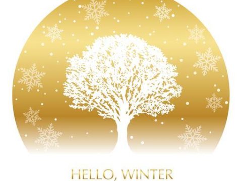 Circle winter background with a snow-covered tree and text space