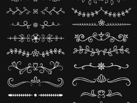 Collection of hand drawn flourish text dividers with chalk effect. Doodle chalk botanical borders for typography design, invitations, greeting cards. Calligraphic and floral design elements.