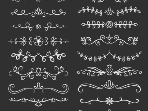 Collection of hand drawn flourish text dividers with chalk effect. Doodle chalk botanical borders for typography design, invitations, greeting cards. Calligraphic and floral design elements.