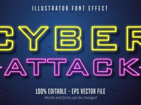 Cyber attack text, neon lights signage style editable font effect