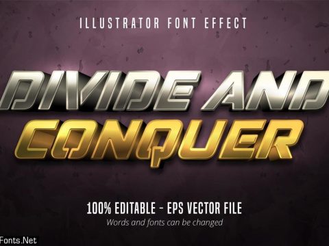 Divide and conquer text, 3d gold and silver metallic style editable font effect