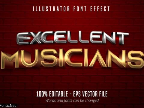 Excellent Musicians text, 3d gold and silver metallic style editable font effect