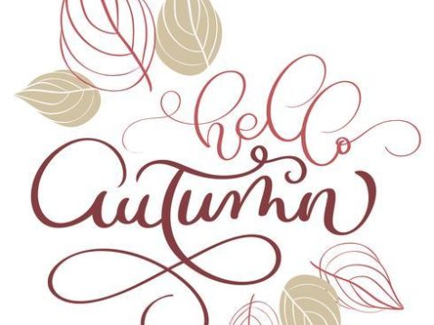 Hello autumn text and leaves on white background. Hand drawn Calligraphy lettering Vector illustration EPS10