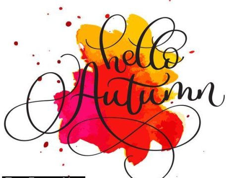 Hello autumn text on red and orange blot background. Hand drawn Calligraphy lettering Vector illustration EPS10