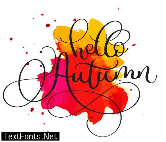 Hello autumn text on red and orange blot background. Hand drawn Calligraphy lettering Vector illustration EPS10