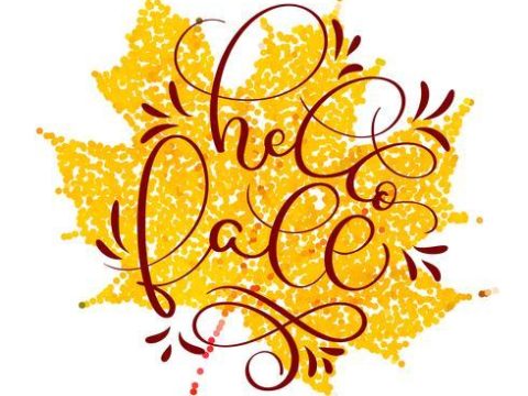 Hello fall text on yellow autumn leaf. Hand drawn Calligraphy lettering Vector illustration EPS10