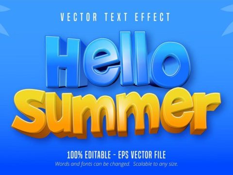 Hello summer text, cartoon style editable text effect