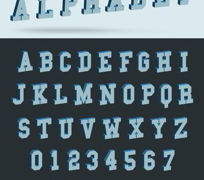 Isometric alphabet font with 3d effect letters and numbers