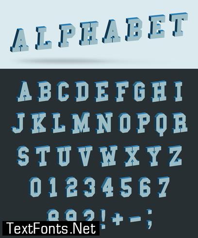 Isometric alphabet font with 3d effect letters and numbers