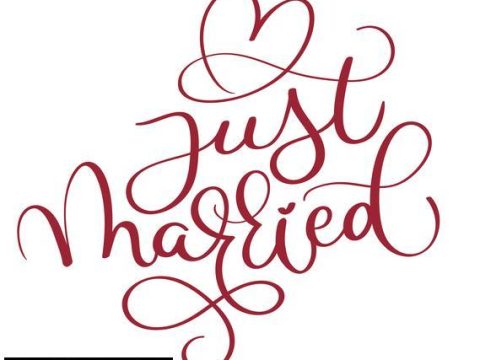 just married red text with heart on white background. Hand drawn Calligraphy lettering Vector illustration EPS10