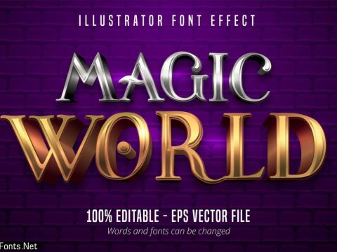 Magic World text, 3d gold and silver metallic style editable font effect