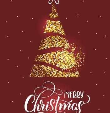 Merry Christmas text on on red holiday background with stilized fir tree and stars