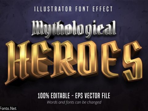 Mytological Heroes text, 3d gold and silver metallic style editable font effect