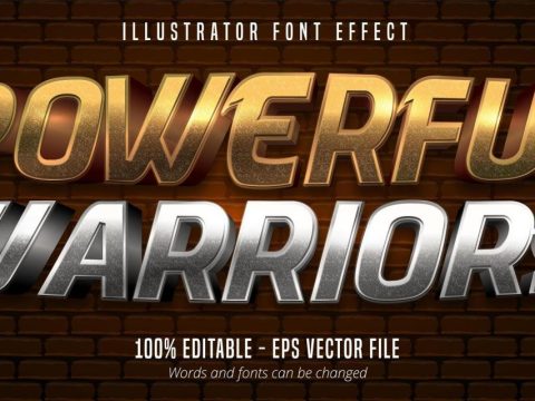 Powerful warriors text, 3d gold and silver metallic style editable font effect