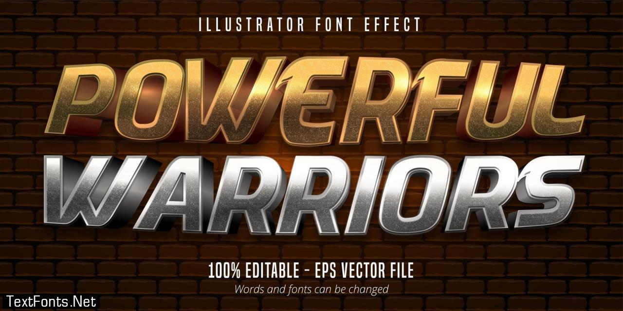 Powerful warriors text, 3d gold and silver metallic style editable font effect