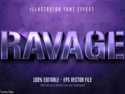 Ravage text, 3d purple metallic style editable font effect