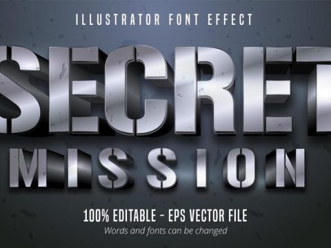 Secret Mission text, 3d silver metallic style editable font effect