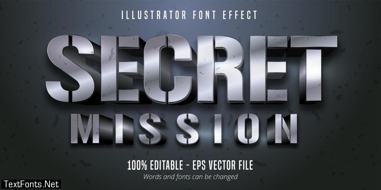 Secret Mission text, 3d silver metallic style editable font effect