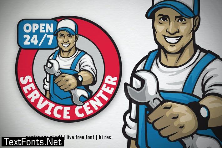 service center logo with smiling mechanic