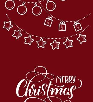 stylized flat Christmas toys on red backgroud and the text of Merry Christmas. Vector illustration EPS10